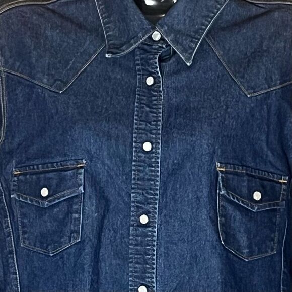 Levi’s Strauss Western Dark Denim Snap Button Down Embroidered Back Collared Shi - Picture 3 of 7